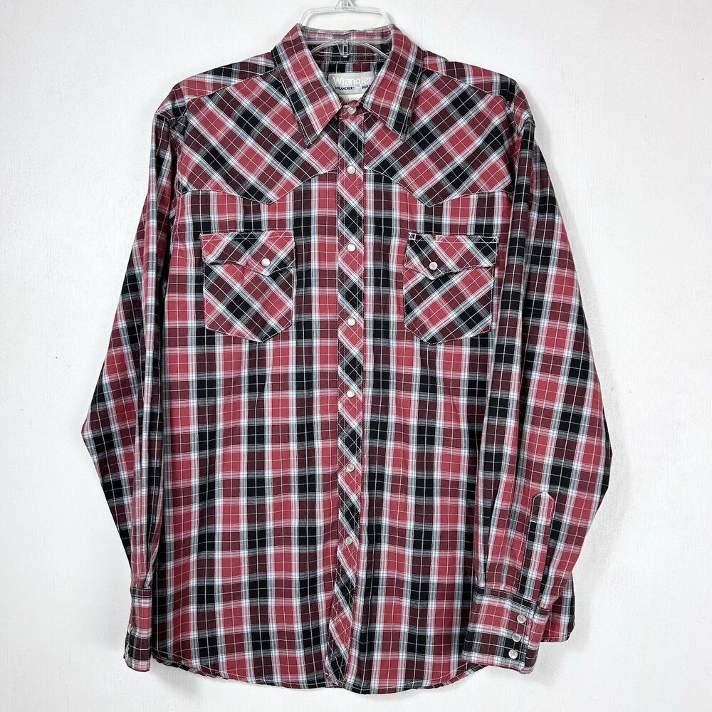 Wrangler Wrancher Pearl Snap Long Sleeve Shirt Pockets Red Black Plaid Men’s L